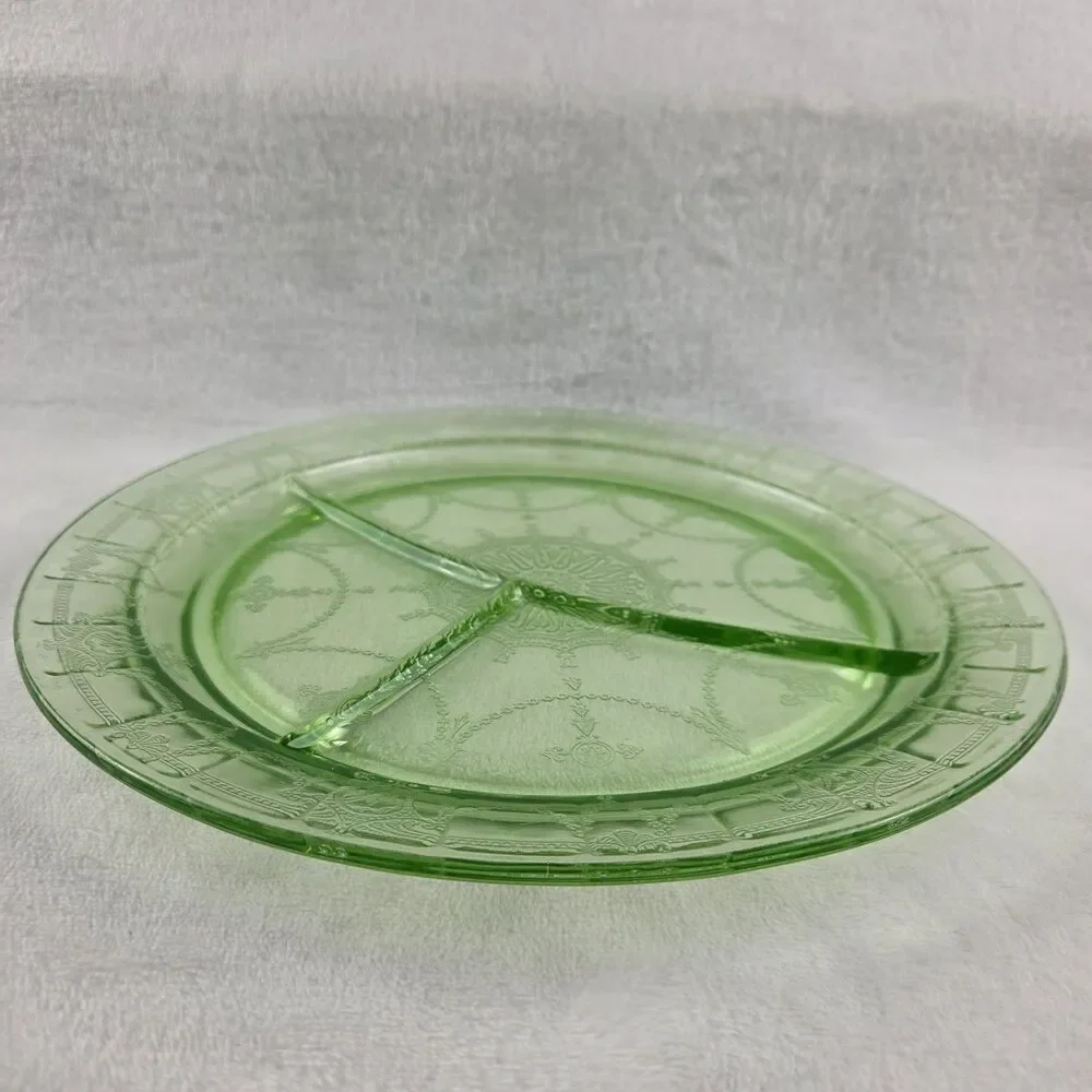Uranium Glass Divided Plate Ballerina Cameo Dancing Girl Green Platter GLOWS